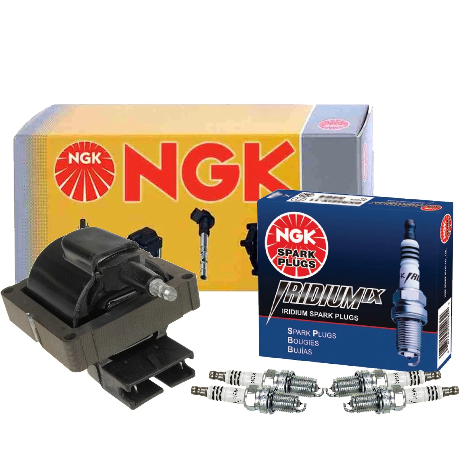 NGK HEI Ignition Coil & 4 Iridium IX Spark Plugs for Mazda 626 MX-6 (1992–1997)