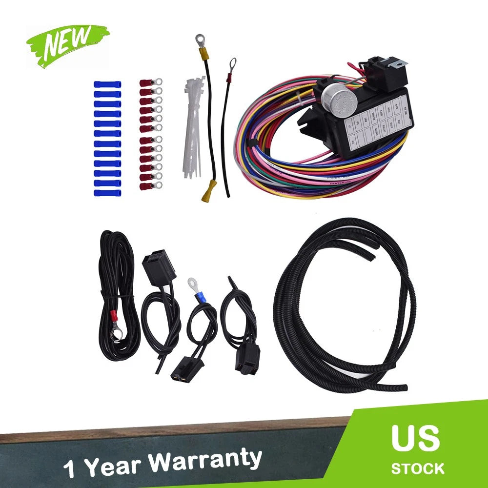 12 Circuit Universal Wire Harness for Street Hot Rat Muscle Car (14 Fuse, 12V)