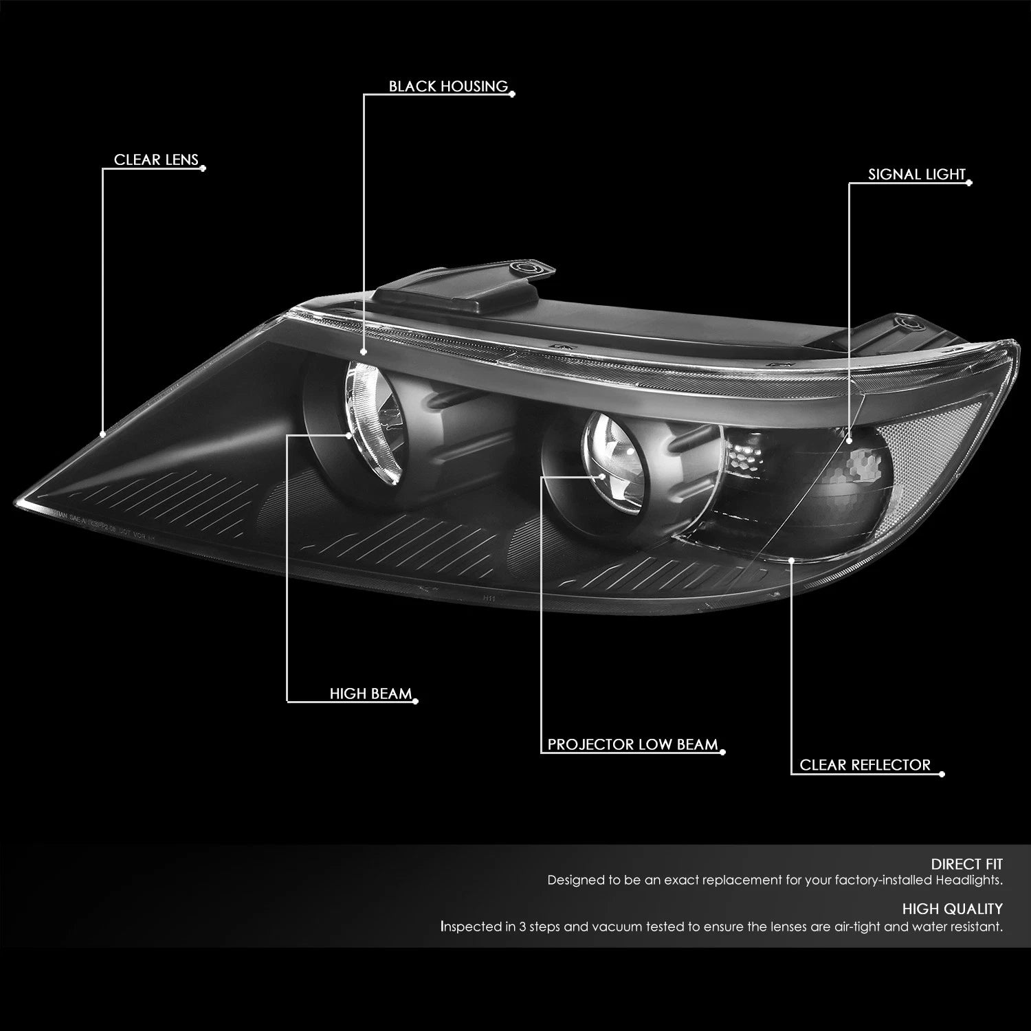 Pair of Projector Headlights for Kia Sorento (2011–2013) Black/Clear