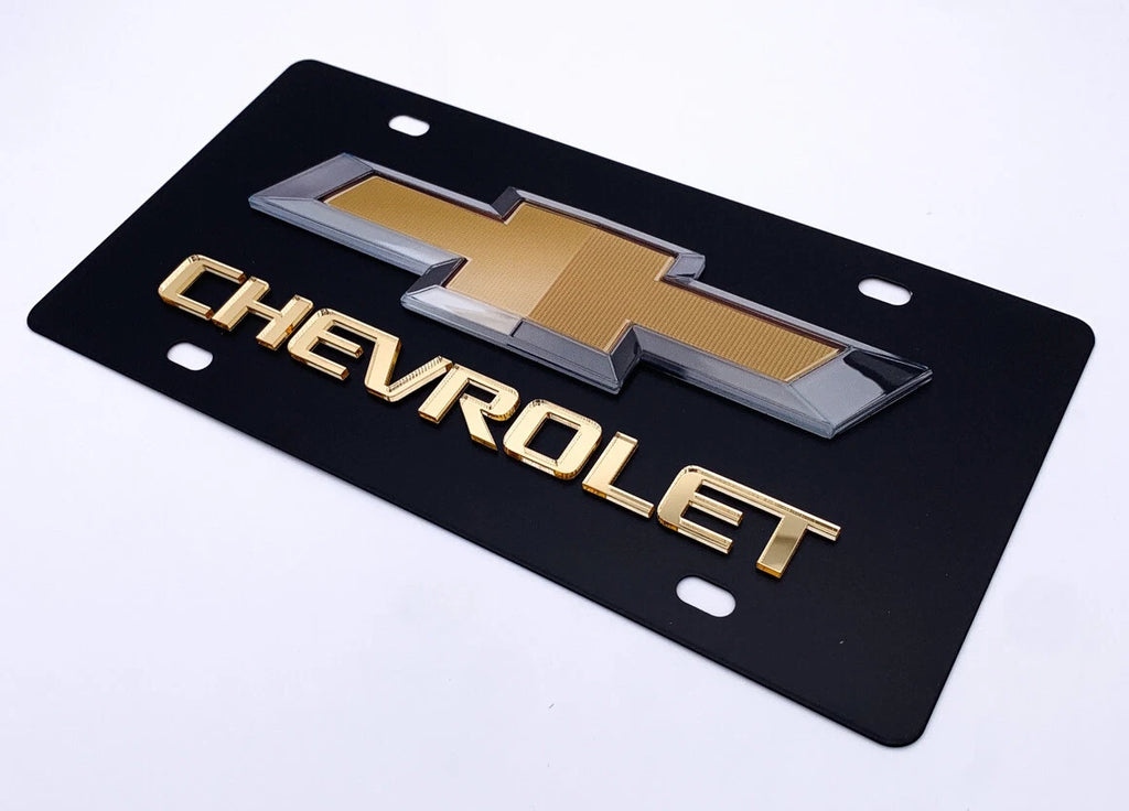 3D Premium Chevrolet Bowtie Gold Script Logo Black License Plate for Chevy (2000–2024)