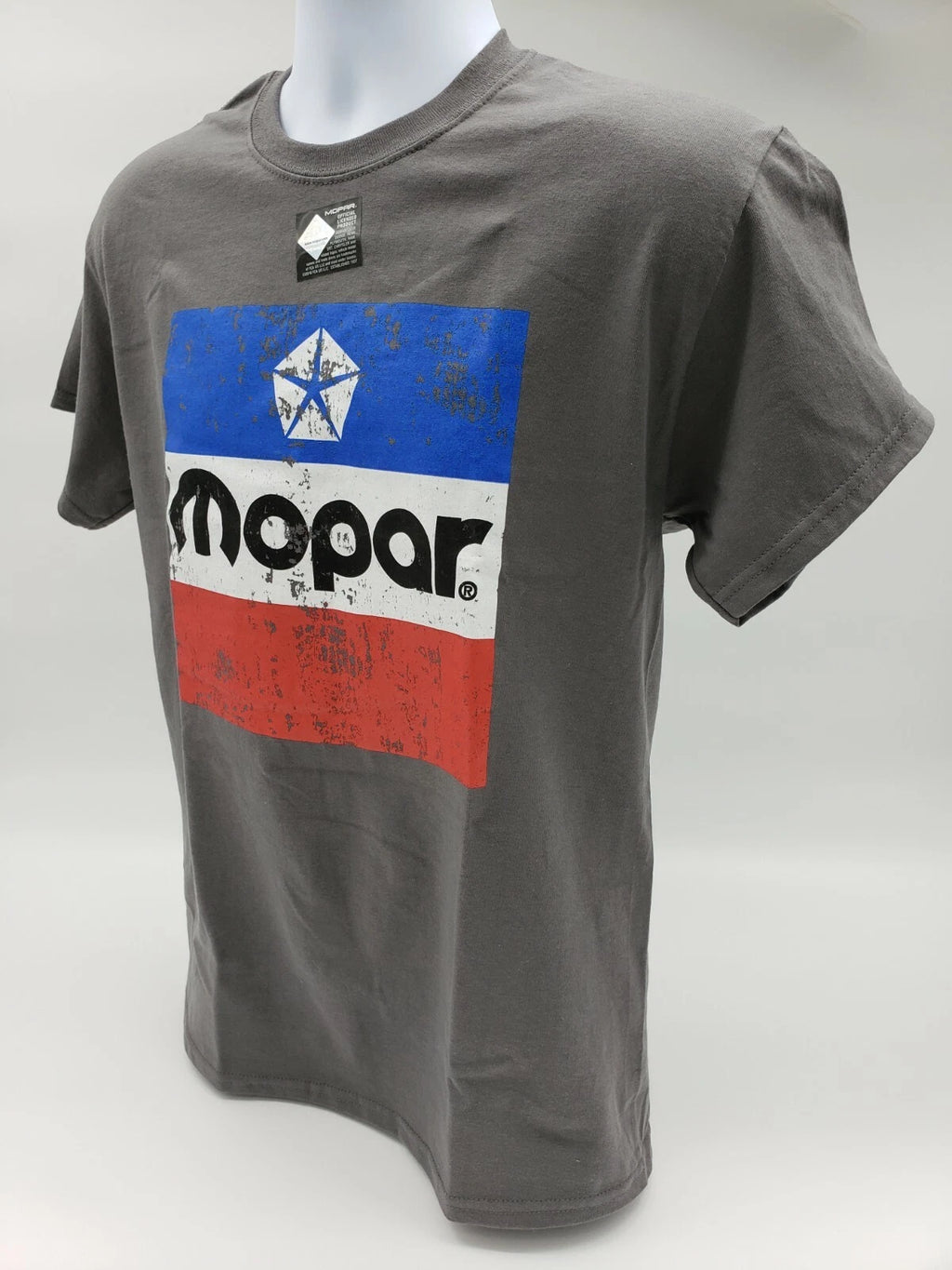 Gray T-Shirt Large Red White Blue 1972 Mopar Emblem Logo Front