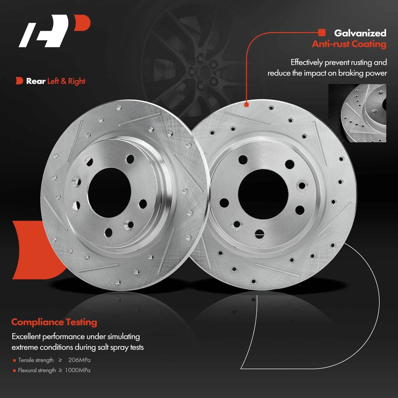 Set of 8 Rear Drilled Brake Rotors and Pads for Ford Lincoln
