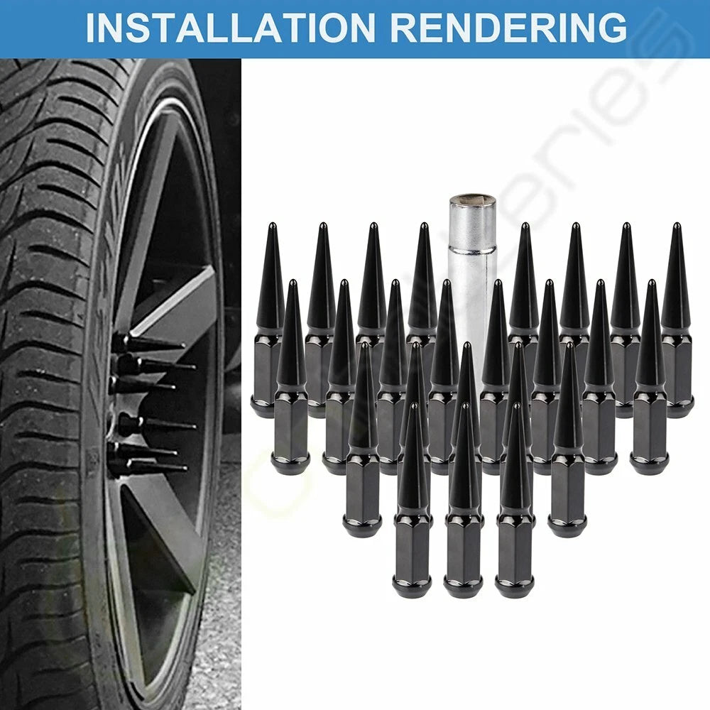 24 PC Spike Black Steel Lug Nuts 14x1.5 for Chevrolet Tahoe Silverado (2000–2023)