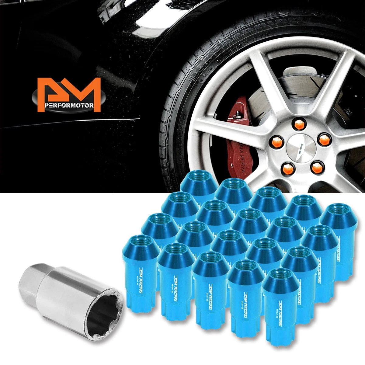 20Pc M12X1.5 Sky Blue JDM Open End Aluminum Spline Wheel Lug Nuts + Key