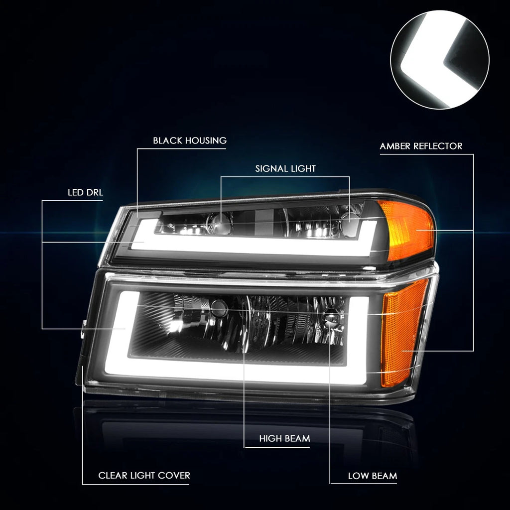 LED DRL Bumper Headlight for Chevy Colorado (2004–2012) Black Housing Amber Side