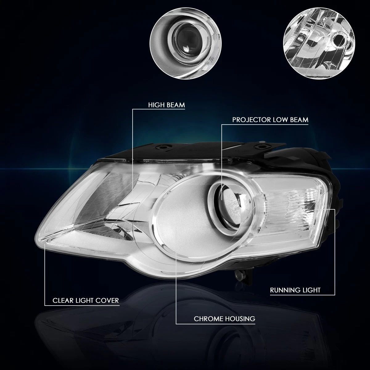 Projector Headlight Set for VW Passat (2006–2010) - Clear Corner Chrome