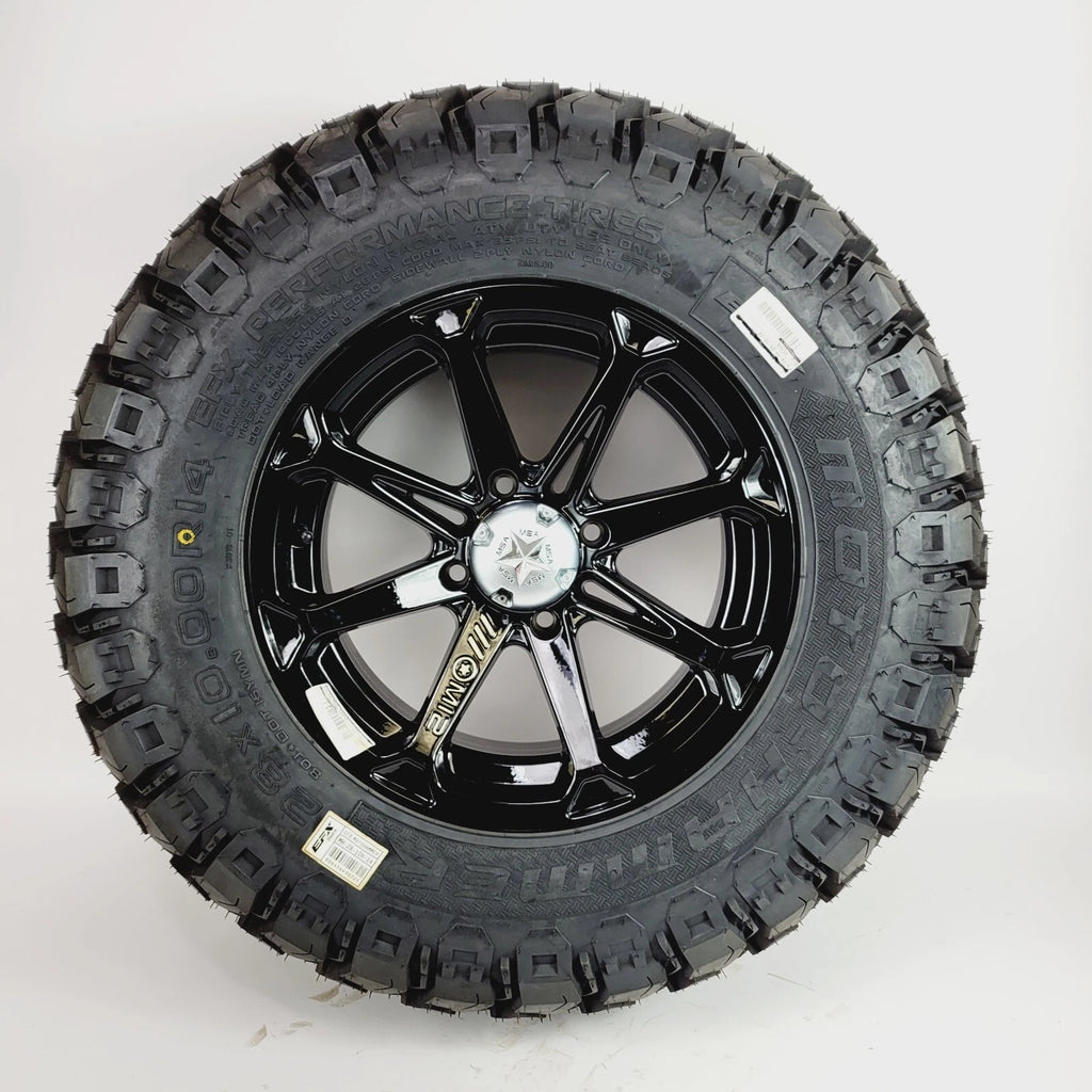 Set of 4 MSA M12 Diesel 14x7 Wheels 4x110 with MotoHammer 28x10R14 Tires for ATV/UTV