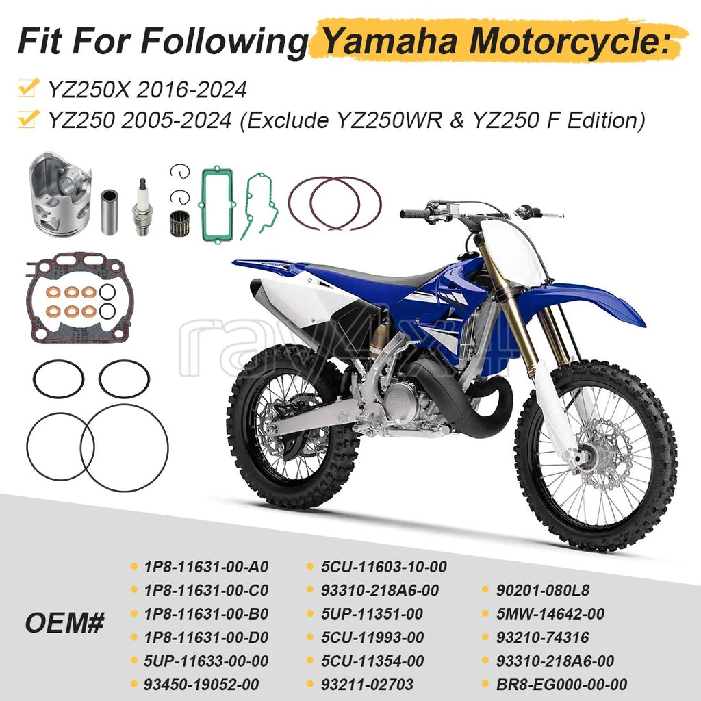 Top End Piston Kit w/Piston Ring Gasket for Yamaha YZ250 YZ250X (2005–2024) 66.4mm