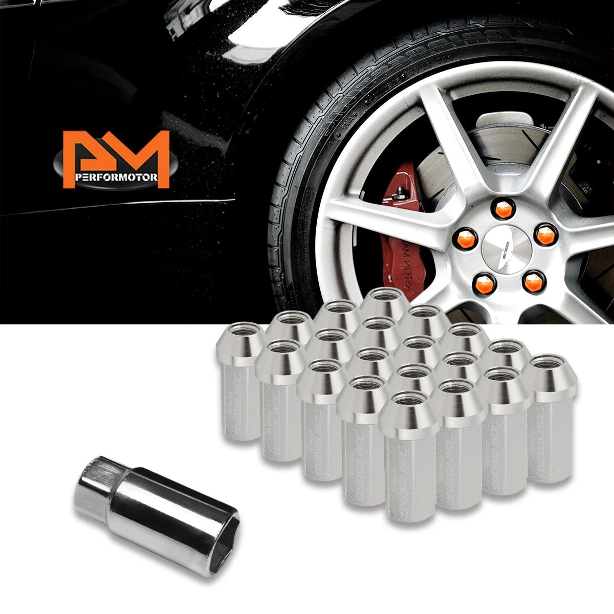 20Pc M12X1.25 Silver JDM Closed End Cone Hex Wheel Lug Nuts + Extension 25mmx50mm
