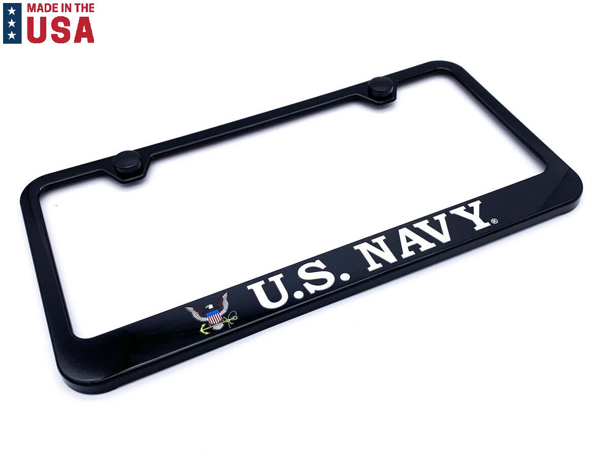 License Plate Frame Black Plastic US Navy Script for Universal Fit (Any Year)