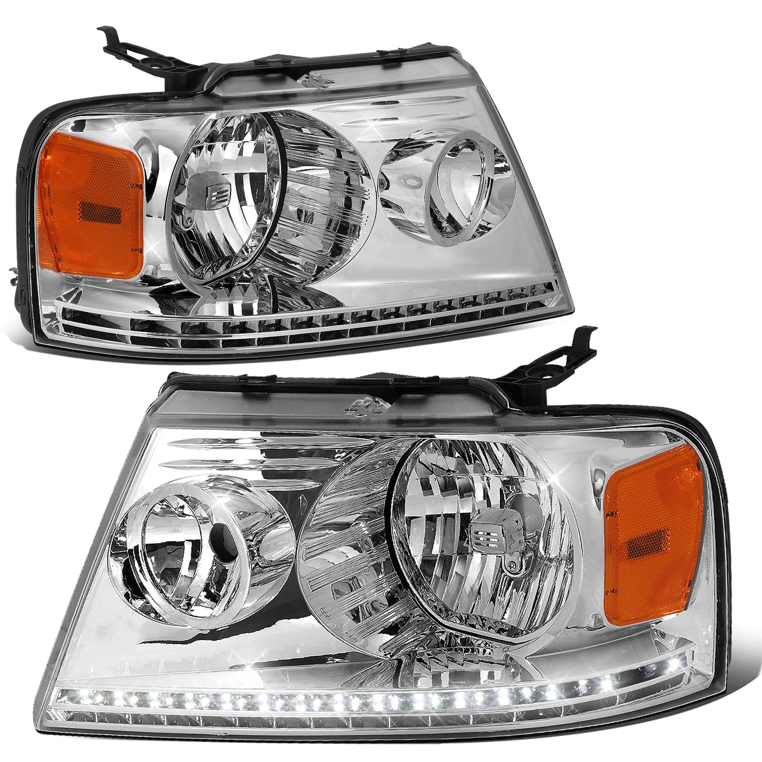 Set of 2 Chrome Housing Amber Side LED DRL Headlights for Ford F150 (2004–2008)