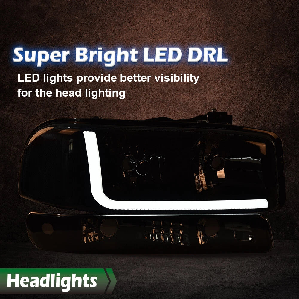 LED DRL Smoke Black Headlights & Bumper Lamps for GMC Sierra/Yukon (1999–2007)
