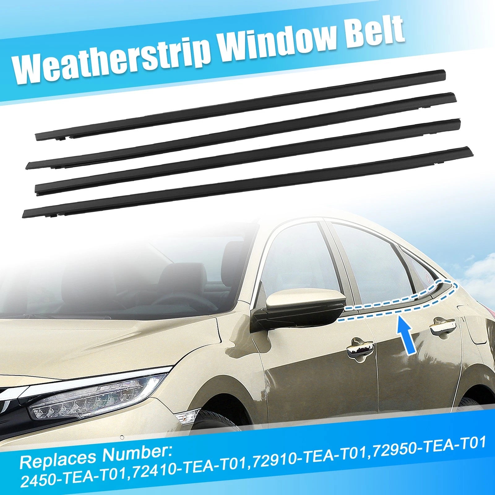 Set of 4 Weatherstrip Window Trim Seal Belts for Honda Civic (2016–2021)