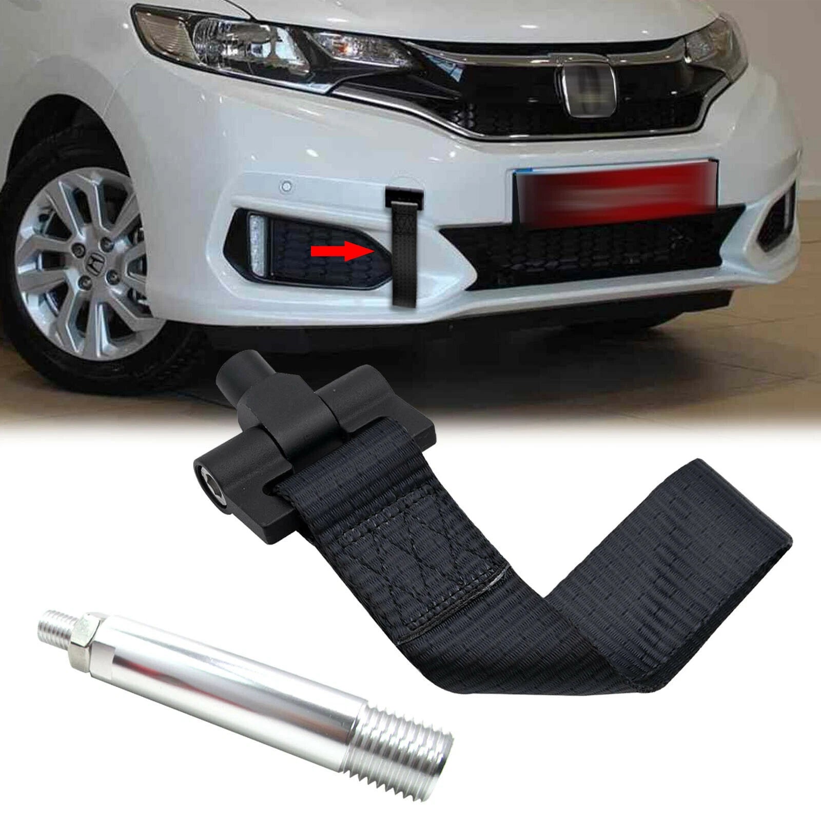 Nylon JDM Style Front Bumper Tow Hook Adapter with Towing Strap for Honda Fit (2015-2020)