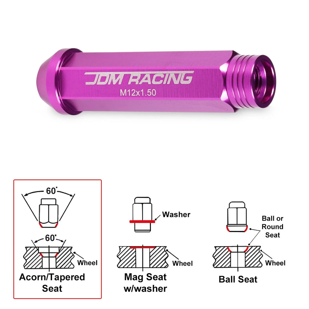 20Pc M12X1.5 Purple JDM Open End Conical Wheel Lug Nuts + Extension 25mmx90mm