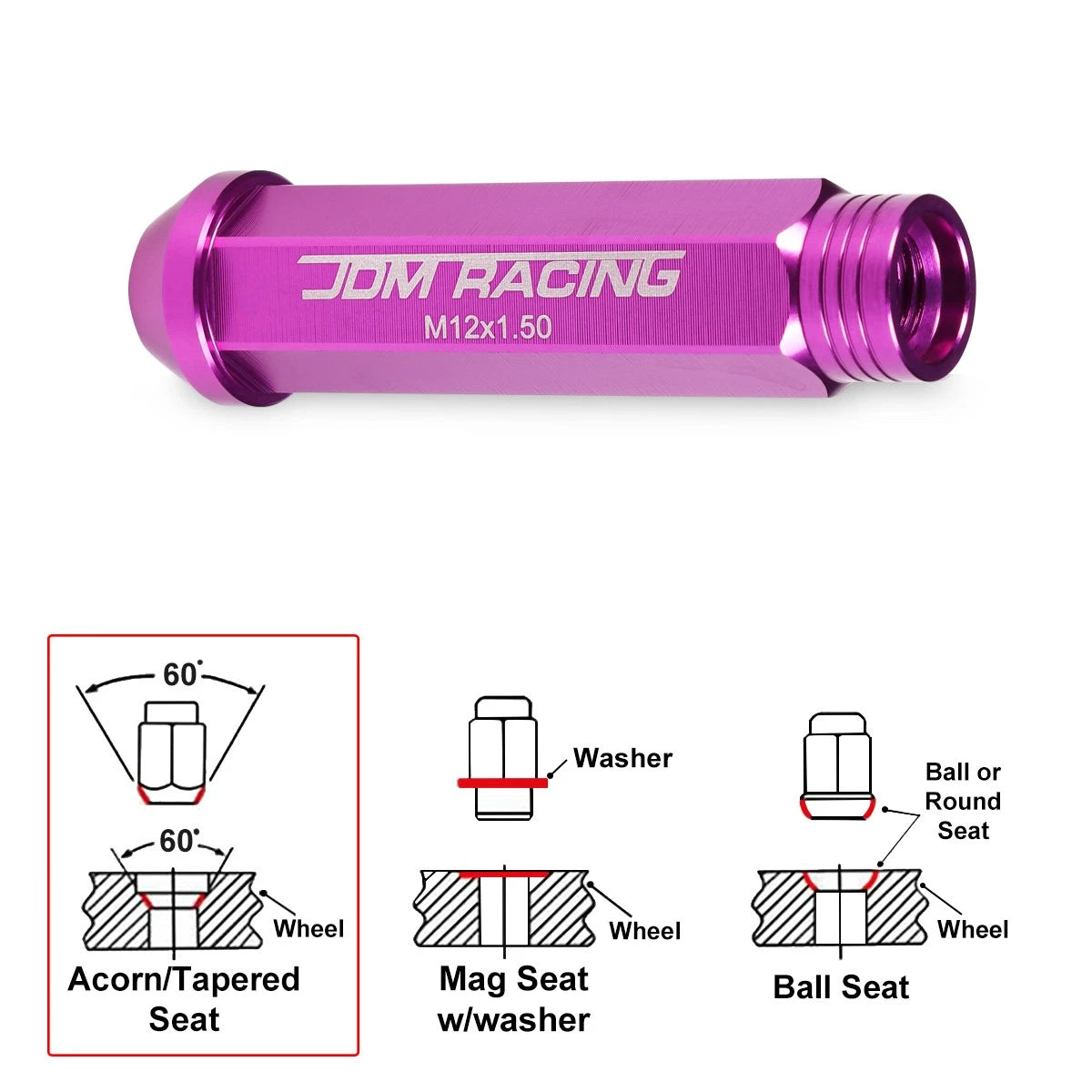 20Pc M12X1.5 Purple JDM Open End Conical Wheel Lug Nuts + Extension 25mmx90mm