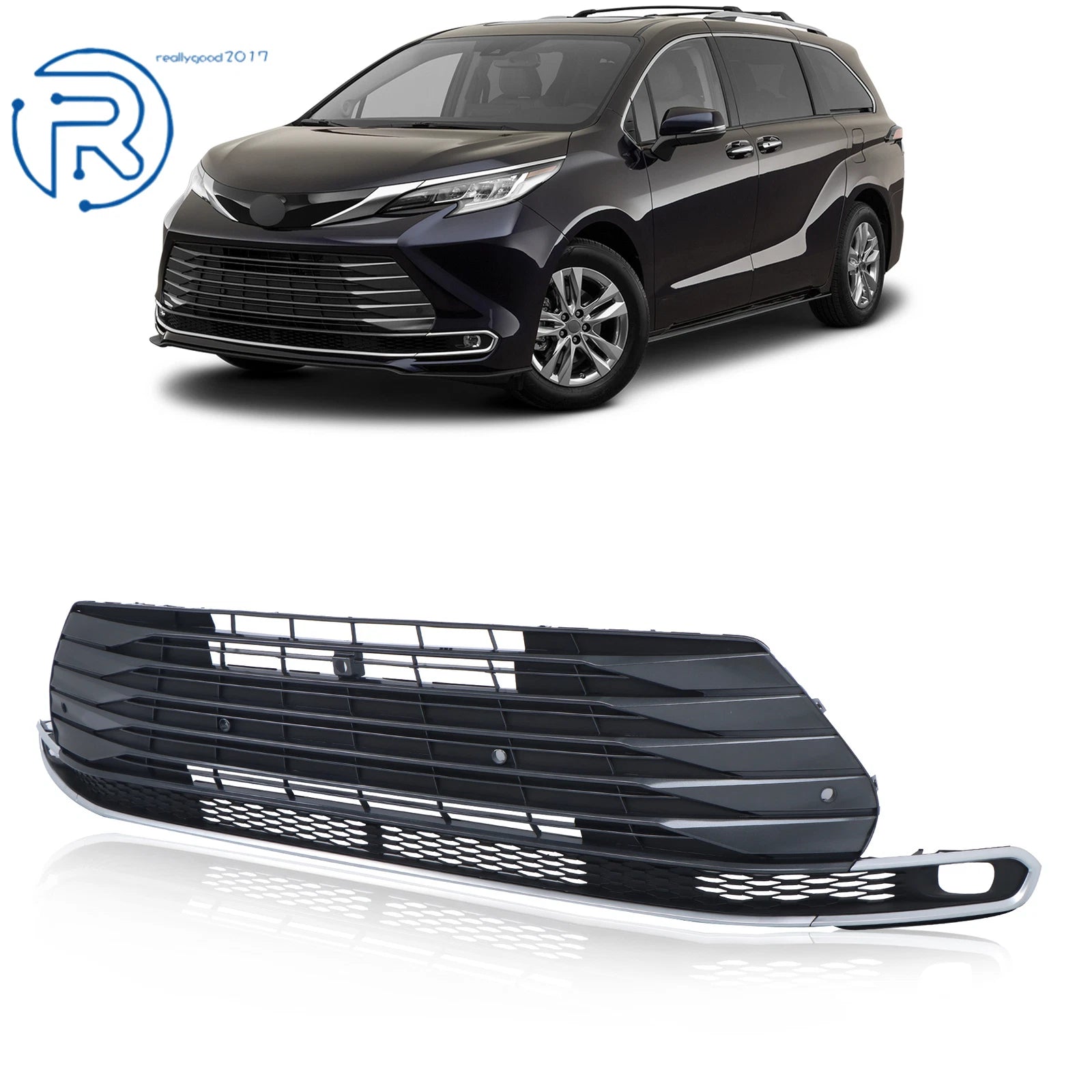 Lower Bumper Grille for Sienna (2021–2023) Dark Black & Silver Trim