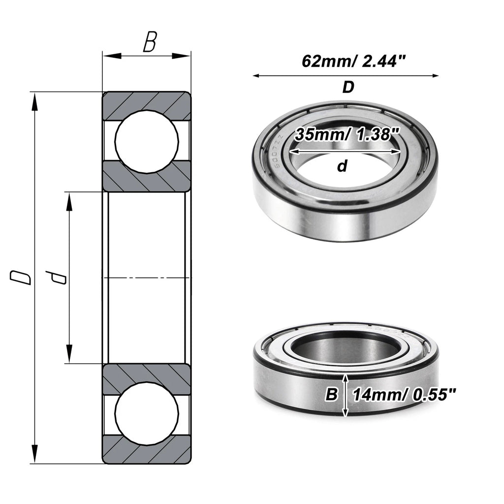 6007ZZ Deep Groove Ball Bearing for Scooter Skateboard Wheel (35x62x14mm)