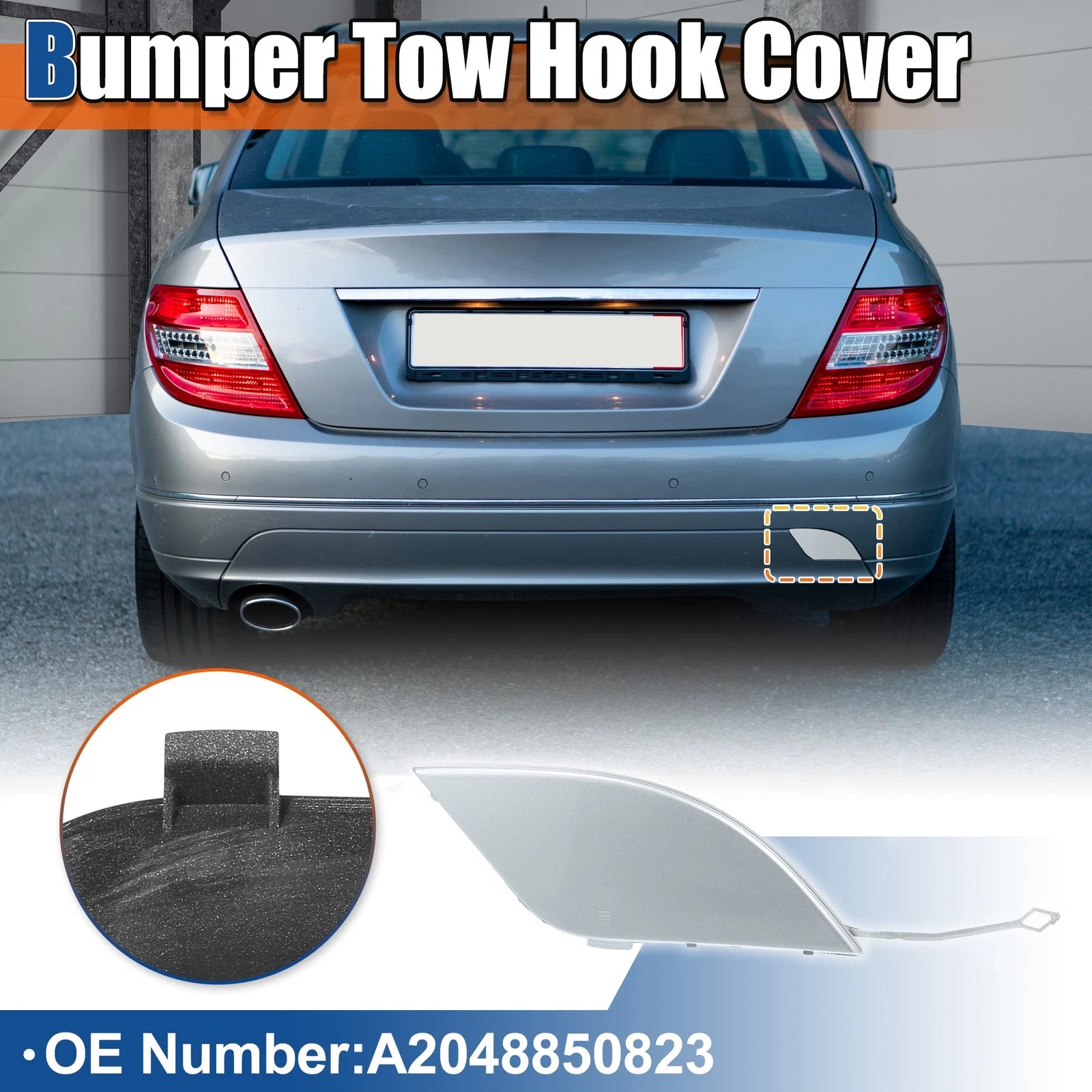 Rear Car Bumper Tow Hook Cover for Mercedes-Benz (A2048850823) Silver Tone