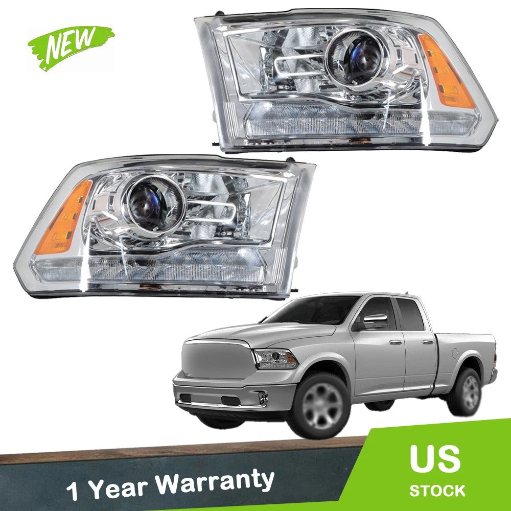 Set of 2 Halogen Headlights with LED DRL Chrome for Dodge Ram (2009–2018)