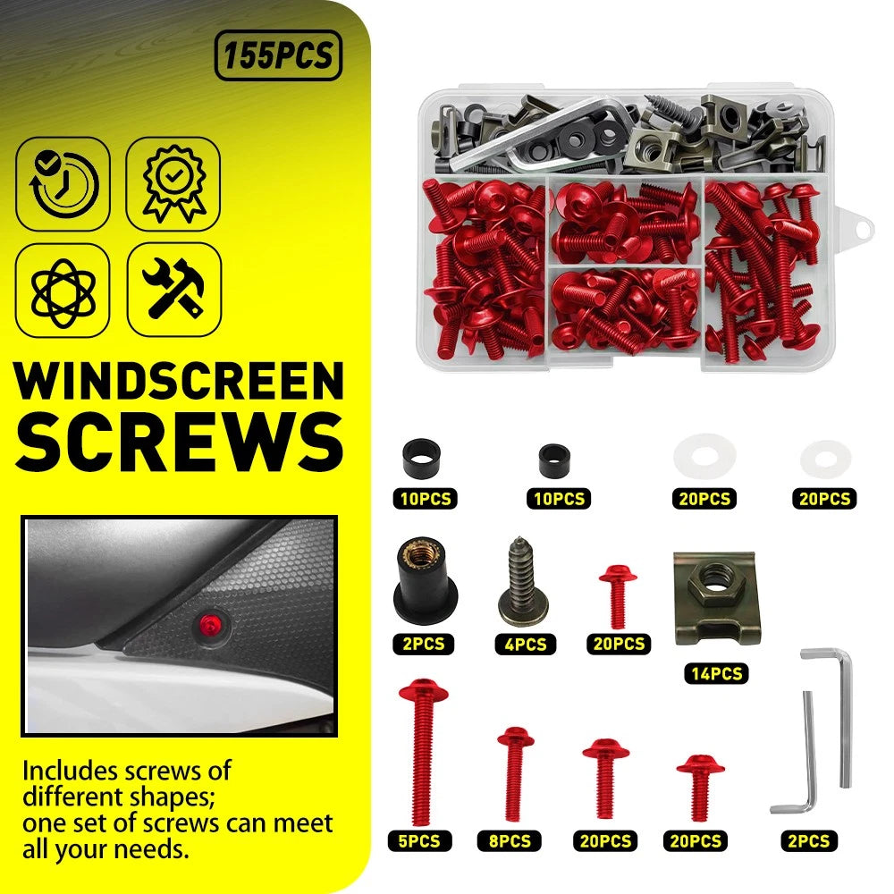 Set of 155 Red Aluminum Fairing Bolts Kit M5 M6 for Yamaha YZF R1 R6 (1998–2021)