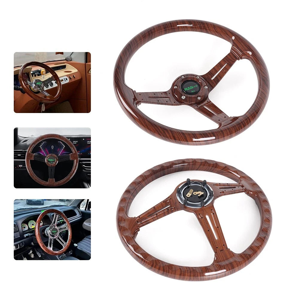 14" 6 Bolt Racing Steering Wheel for Universal (Drifting, Deep Dish, Dark Wood Grain)
