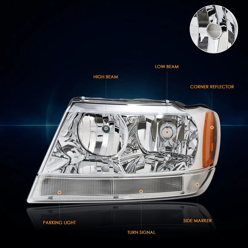 Chrome Housing Headlight & Amber Side Corner Lamp for Jeep Grand Cherokee WJ (1999–2004)