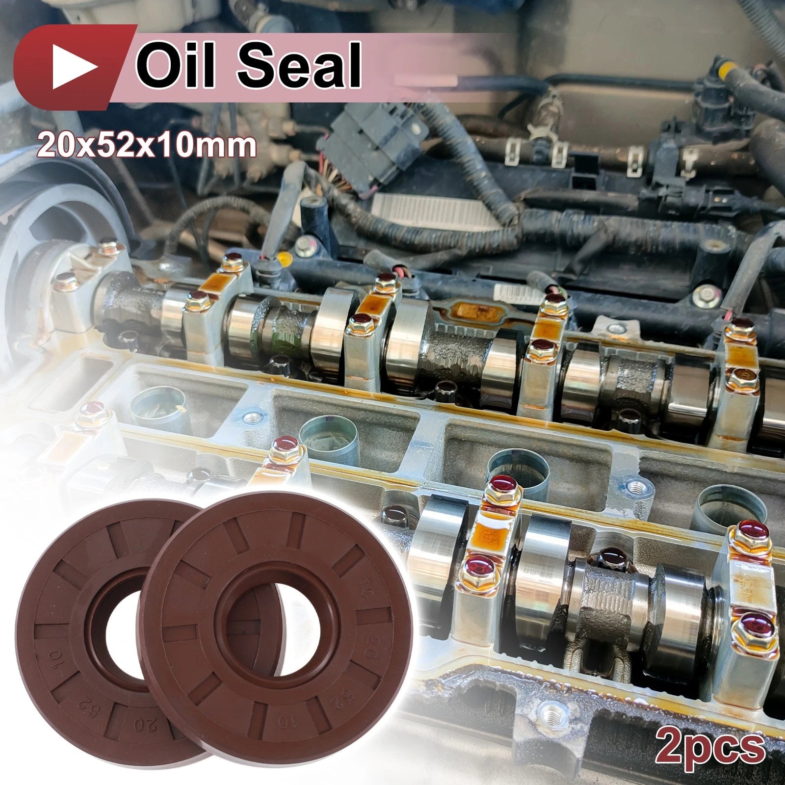 Set of 2 Oil Seal Ring 20x52x10mm FKM Rubber for Rotary Shaft