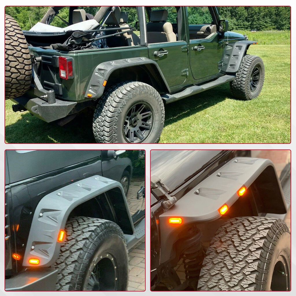 Set of 4 Pocket Rivet Style Smooth Fender Flares w/LED for Jeep Wrangler JK (2007–2018)