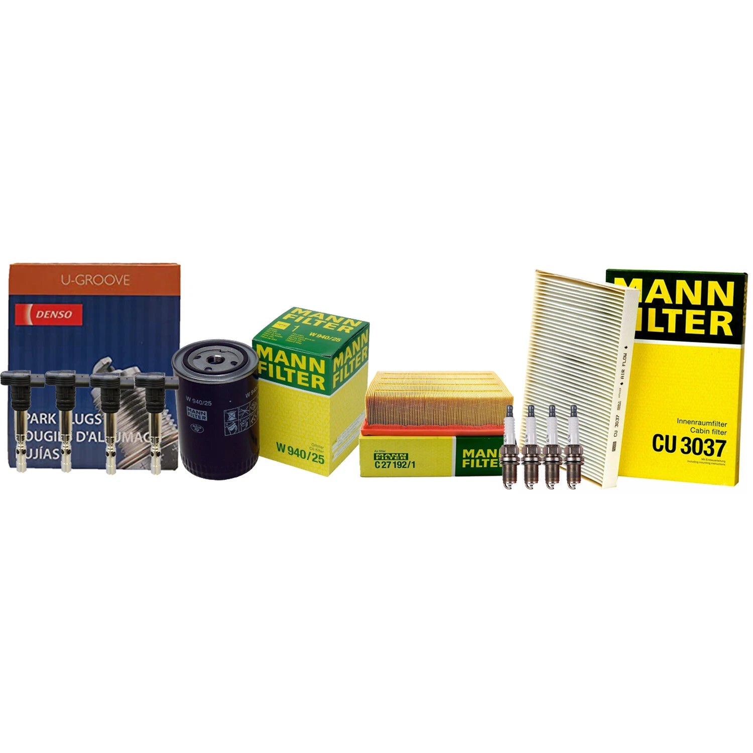 Set of 4 Mann Filters & 4 Denso U-Groove Spark Plugs for Audi 1.8 L4