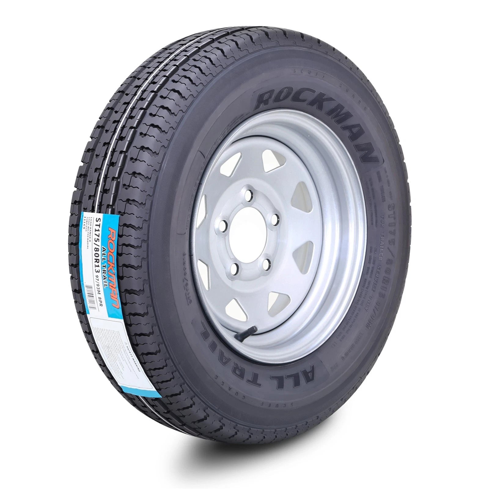 ROCKMAN ST175/80R13 Trailer Tire 8-Ply D 97M 5x4.5 PCD Silver Spoke Rim