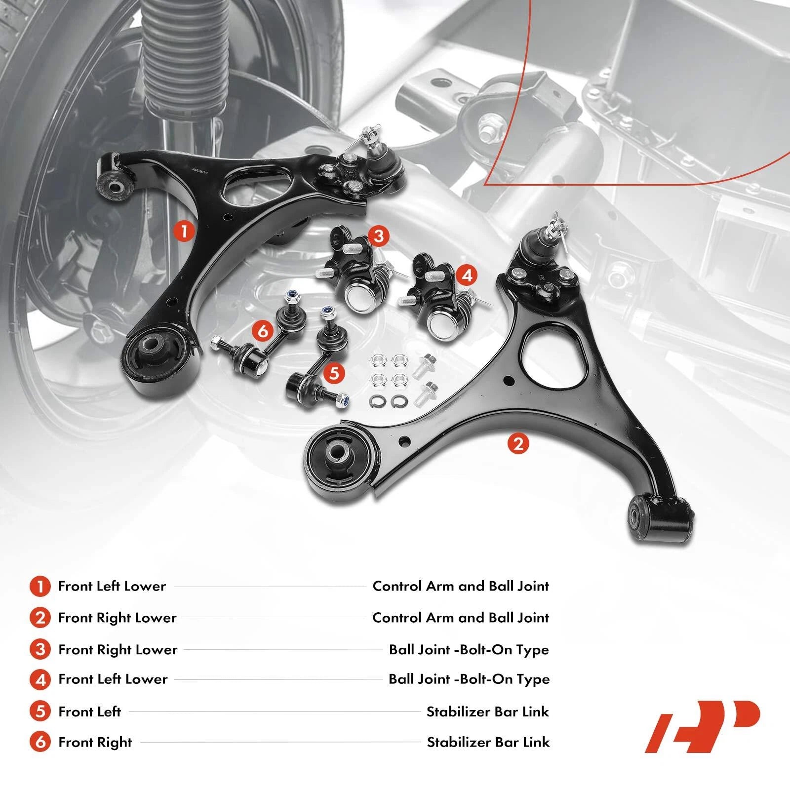 Set of 6 Control Arm, Ball Joint & Sway Bar for Honda Acura