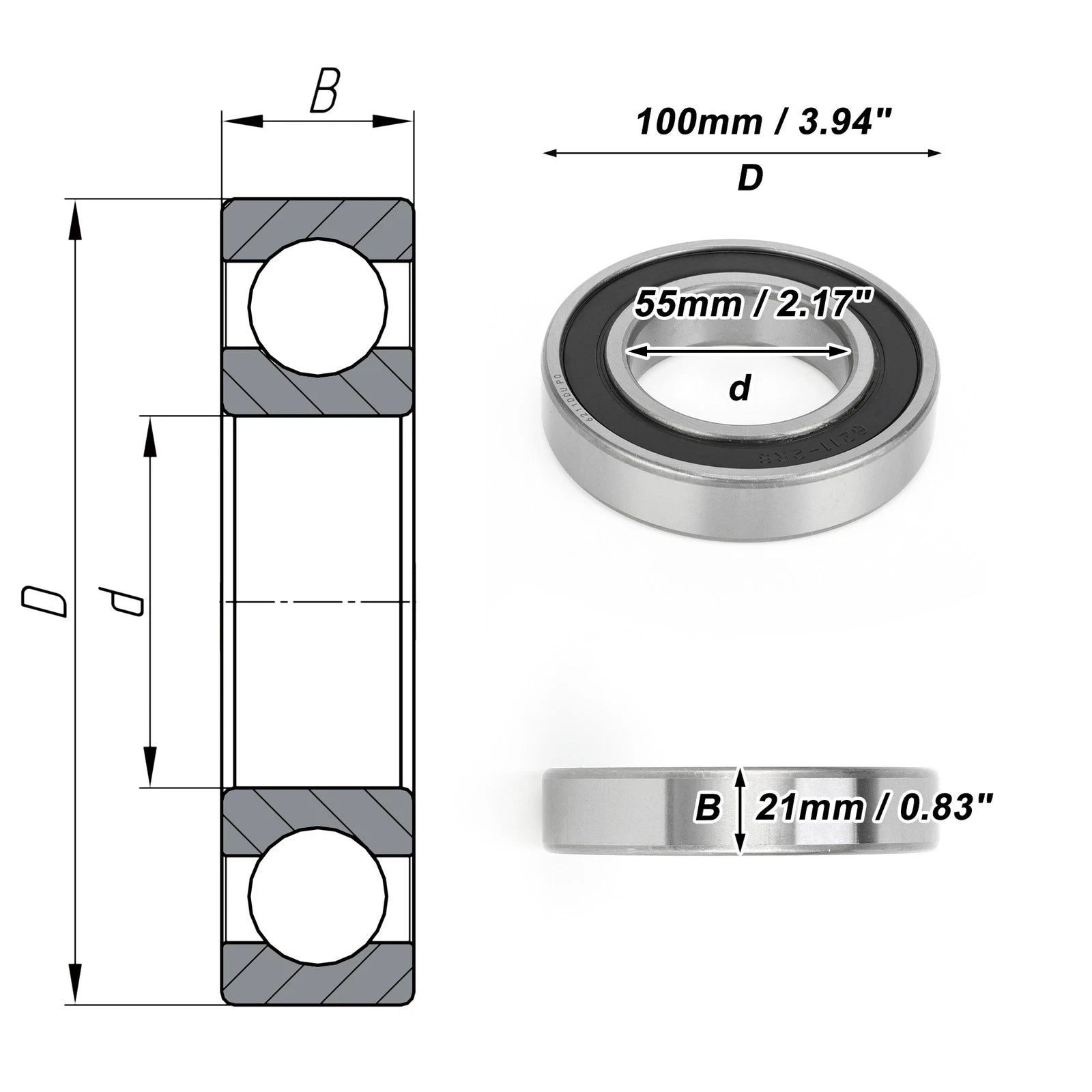 Deep Groove Ball Bearing 6211DDU for Scooter Skateboard Wheel (P0 55x100x21mm)