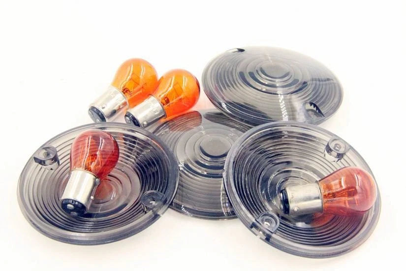 Set of 4 Smoke Lens Turn Signal Light Covers w/ Bulbs for Harley Glide Dyna Fatboy