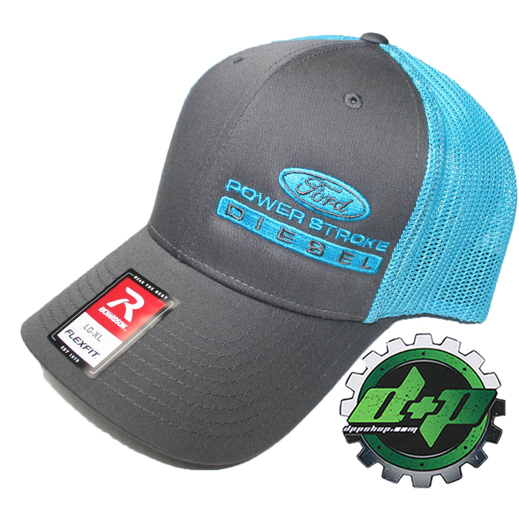 Powerstroke Trucker Hat for Ford (Charcoal Gray/Blue, Flex Fit LG/XL)