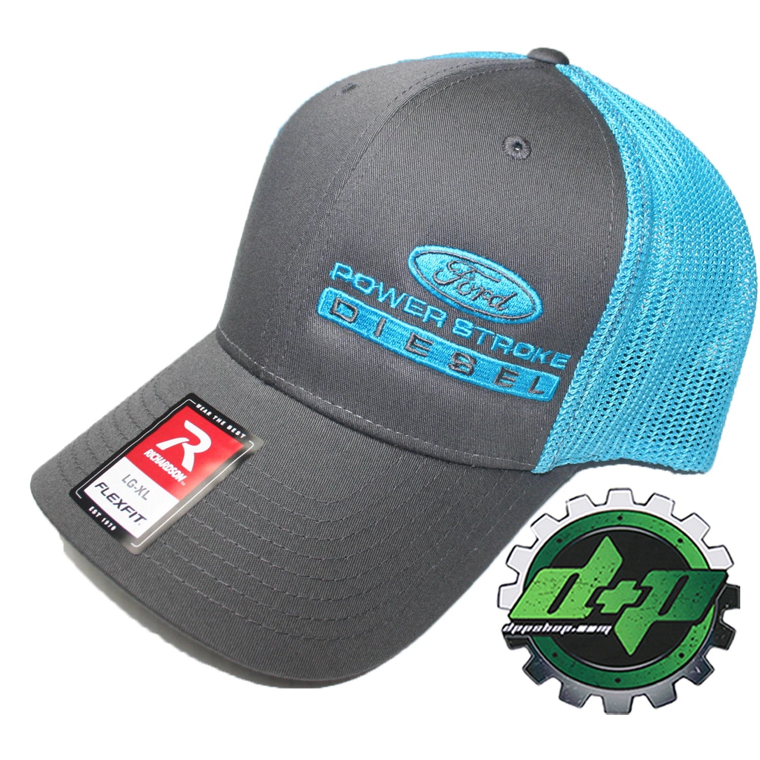 Powerstroke Trucker Hat for Ford (Charcoal Gray/Blue, Flex Fit LG/XL)