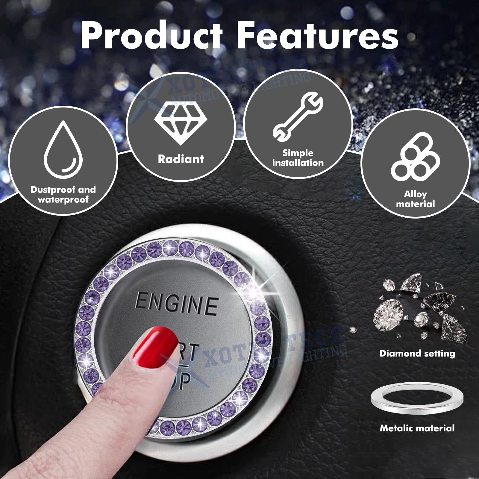 Crystal Bling Rhinestone Start Stop Button Ring for Car (Universal)