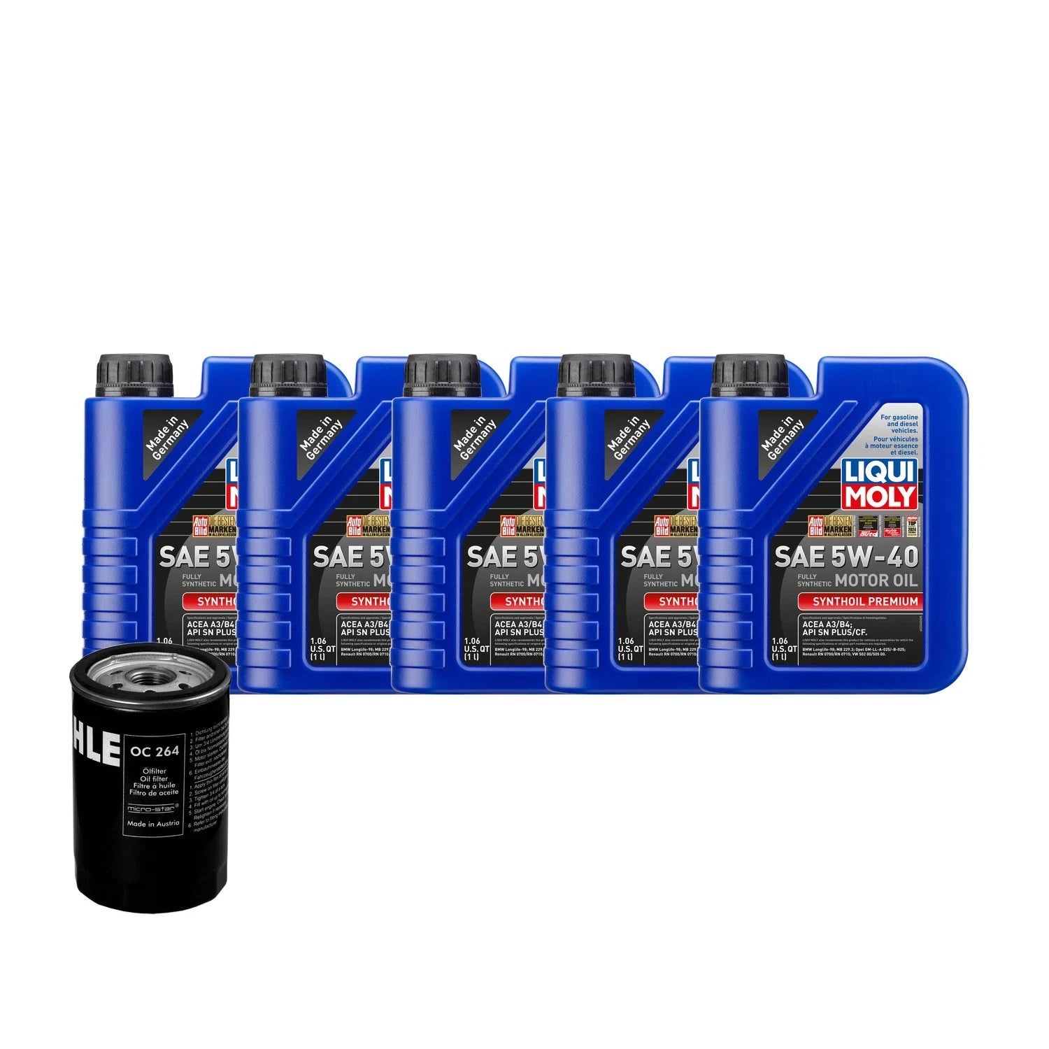 5L Liqui Moly Synthoil Premium SAE 5W-40 Oil Change Kit for Audi 1.8/2.0L (2000–2023)