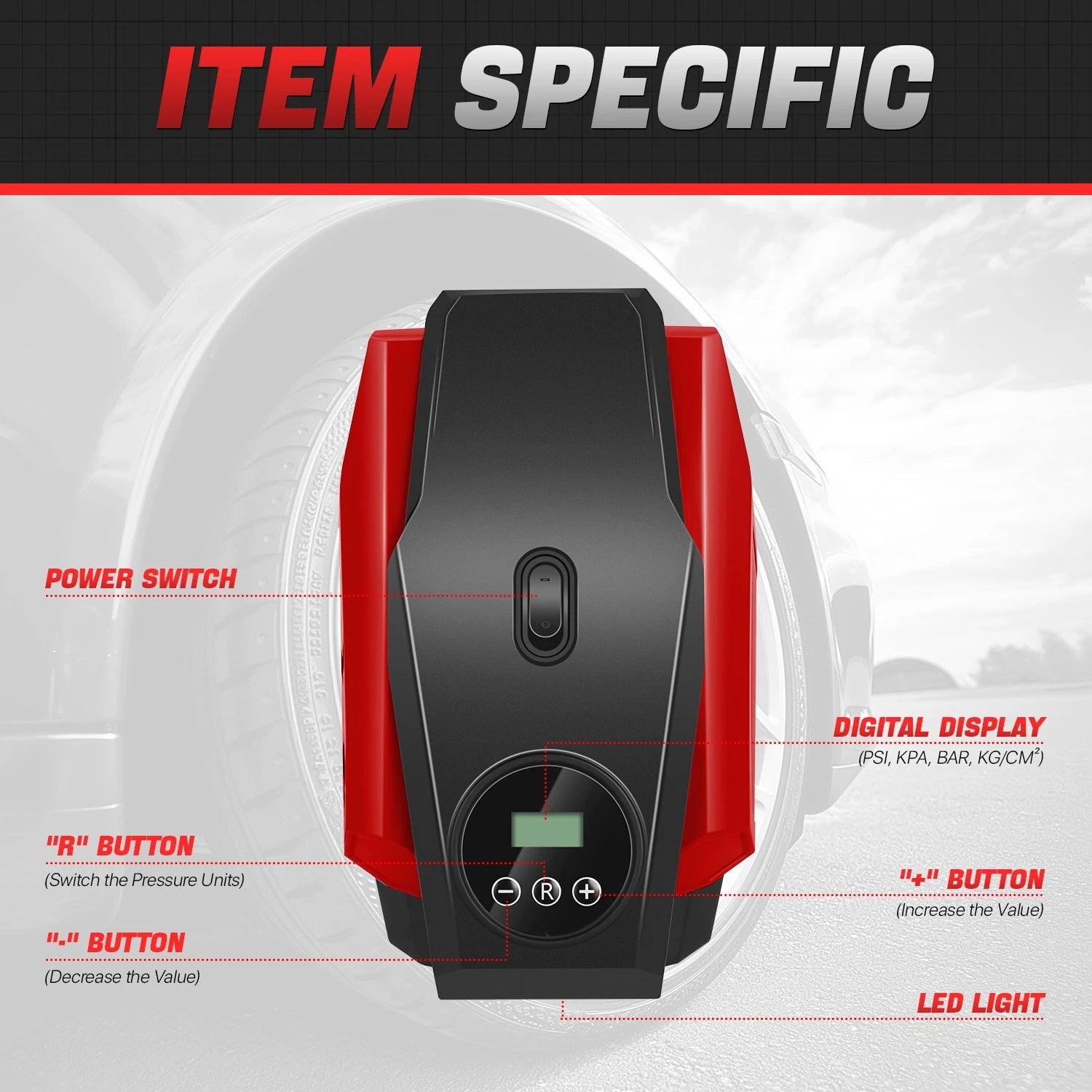 LED Tire Inflator for Portable Air Pump (Auto Shut Off)
