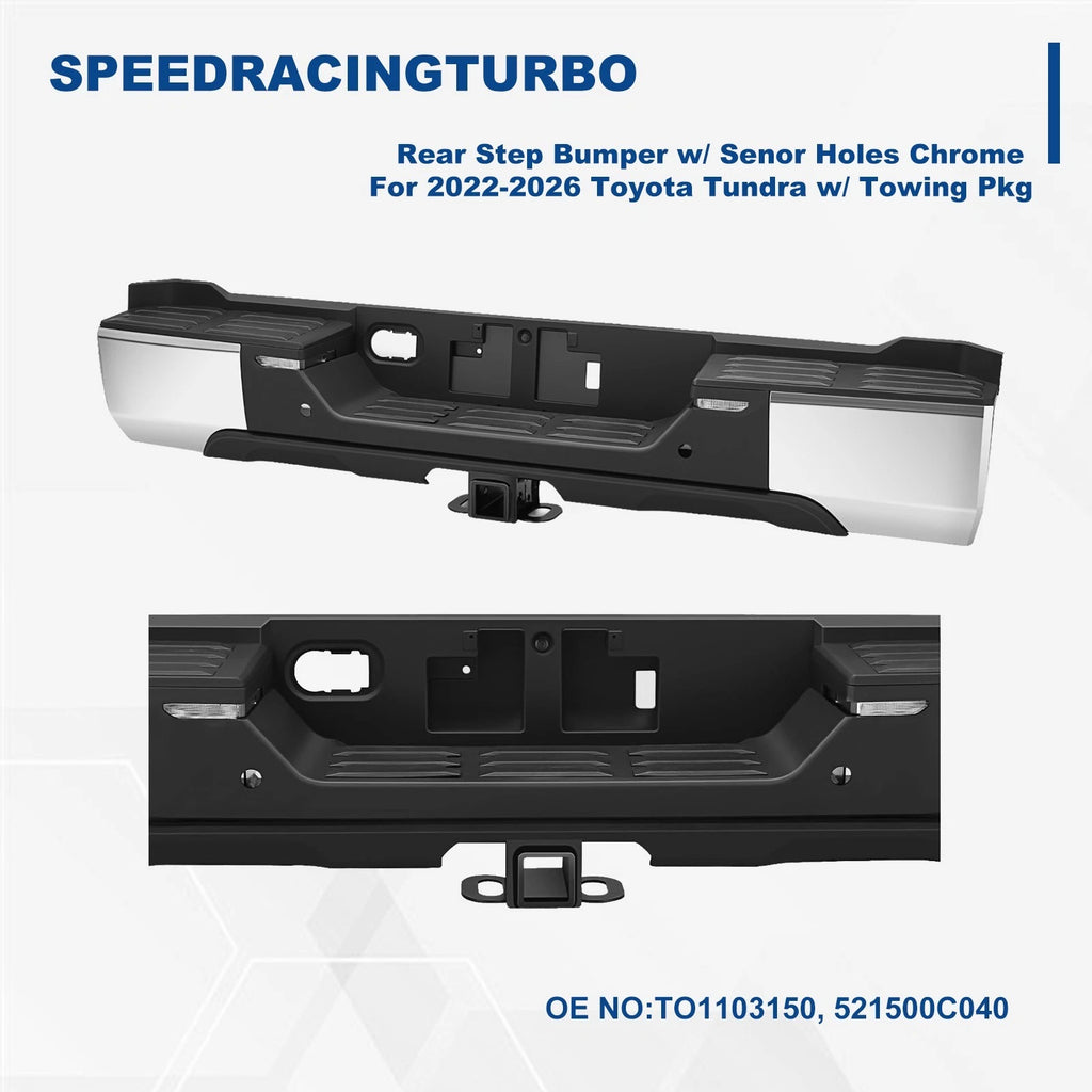 Chrome Rear Step Bumper with Sensor Holes & LED Back-Up Lamp for Toyota Tundra (2022–2026)