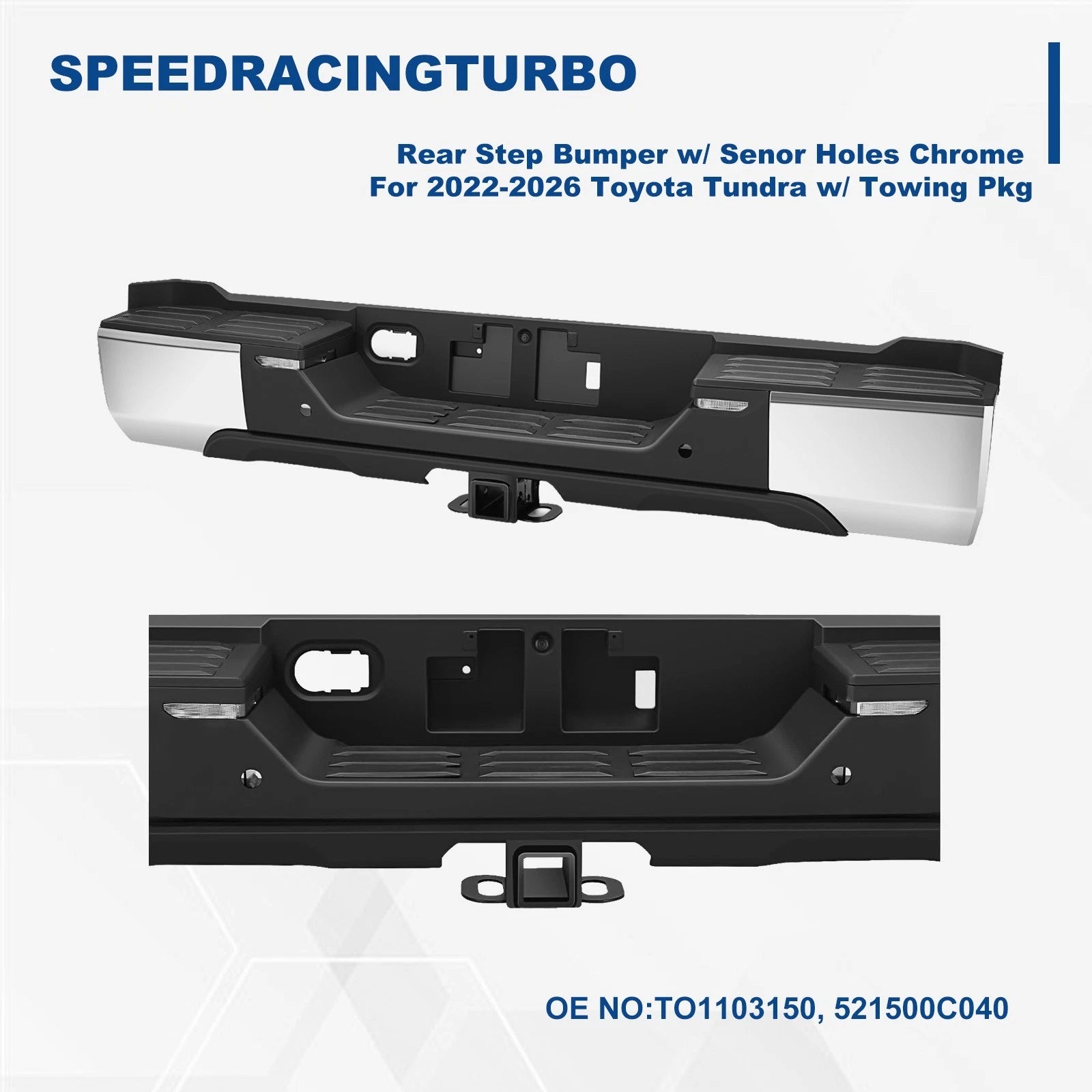 Chrome Rear Step Bumper with Sensor Holes & LED Back-Up Lamp for Toyota Tundra (2022–2026)