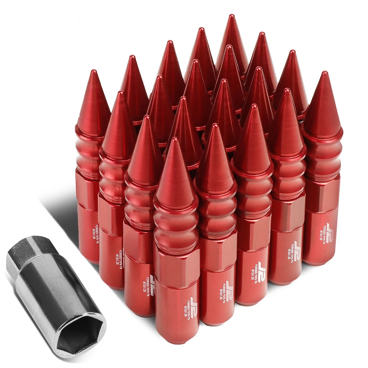 20Pc J2 7075 Forged Aluminum M12x1.25 Spiked Cap Lug Nut Set Red