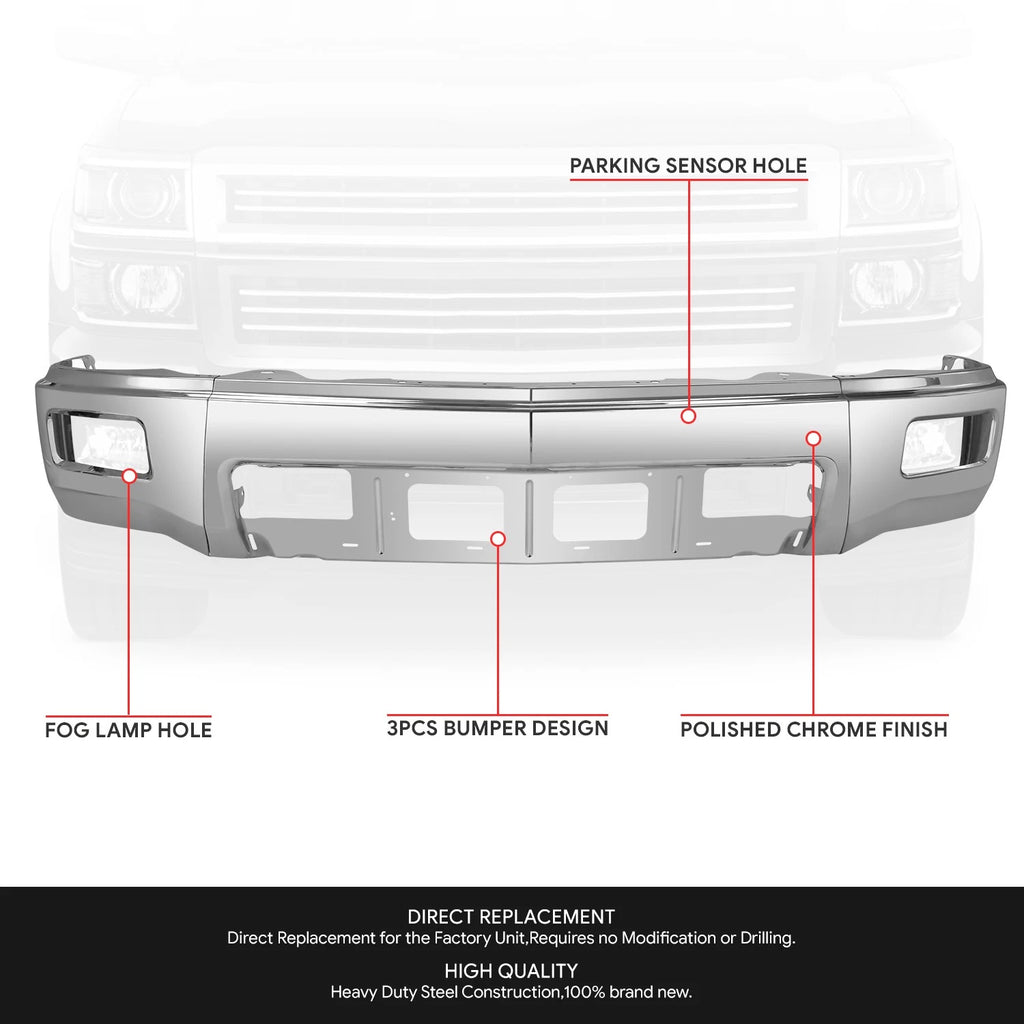 Front Bumper Face Bar for Chevy Silverado 1500 (2014–2015) w/Fog Lamp Cutouts Chrome