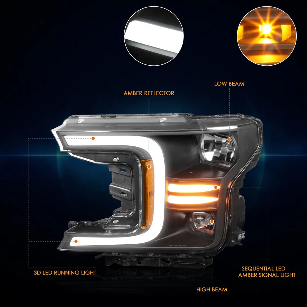 C-Shape LED DRL + Sequential Signal Headlights for Ford F150 (2018–2020)