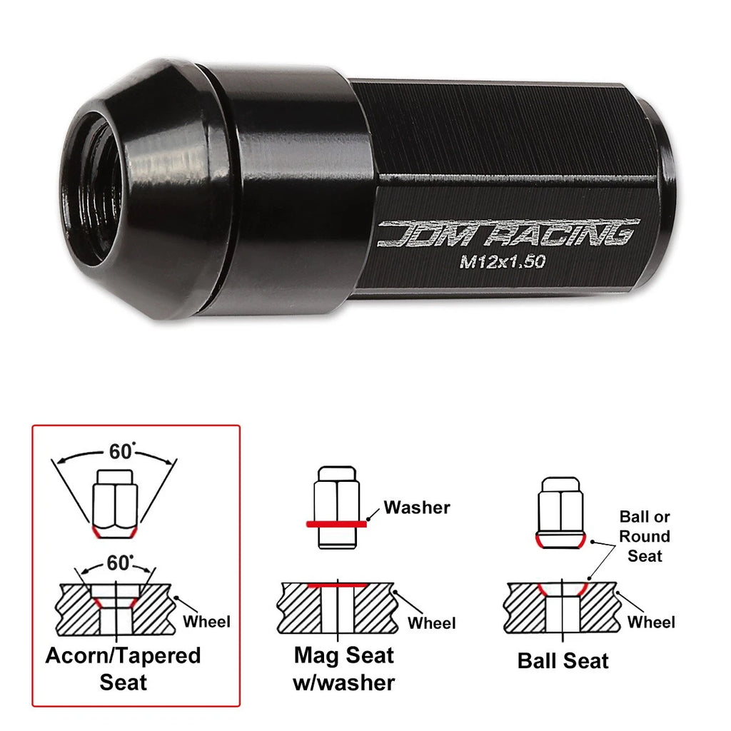 Set of 20 M12X1.5 Black JDM Cone Seat Hex Wheel Lug Nuts with Cap & Extension