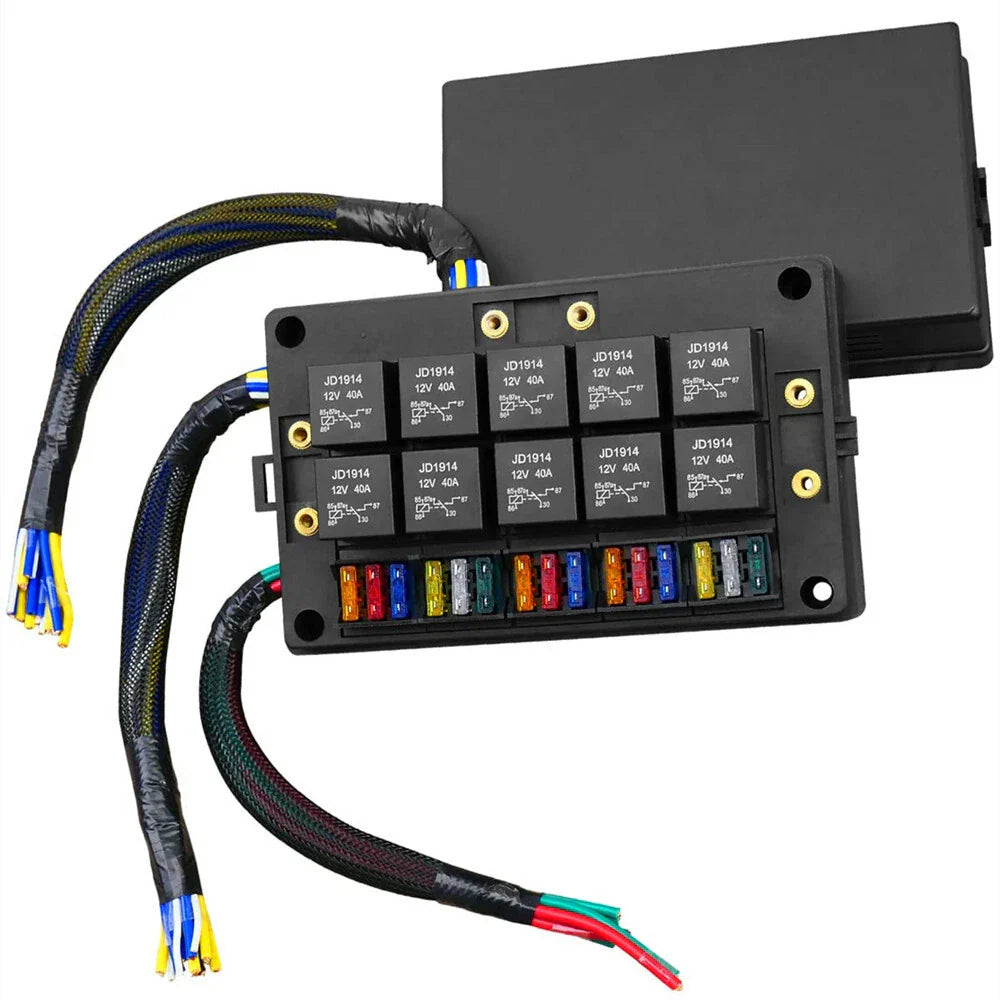10 x 5Pin 40A Relay & 15 Fuses Pre-Wired Fuse Relay Box for RV Car SUV Boat