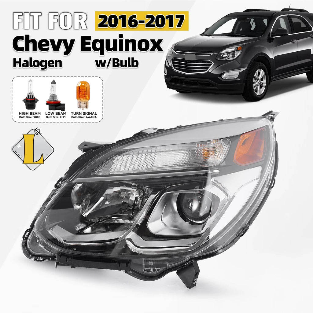 Halogen Headlight with Bulb Chrome Left Driver for Chevrolet Equinox (2016–2017)