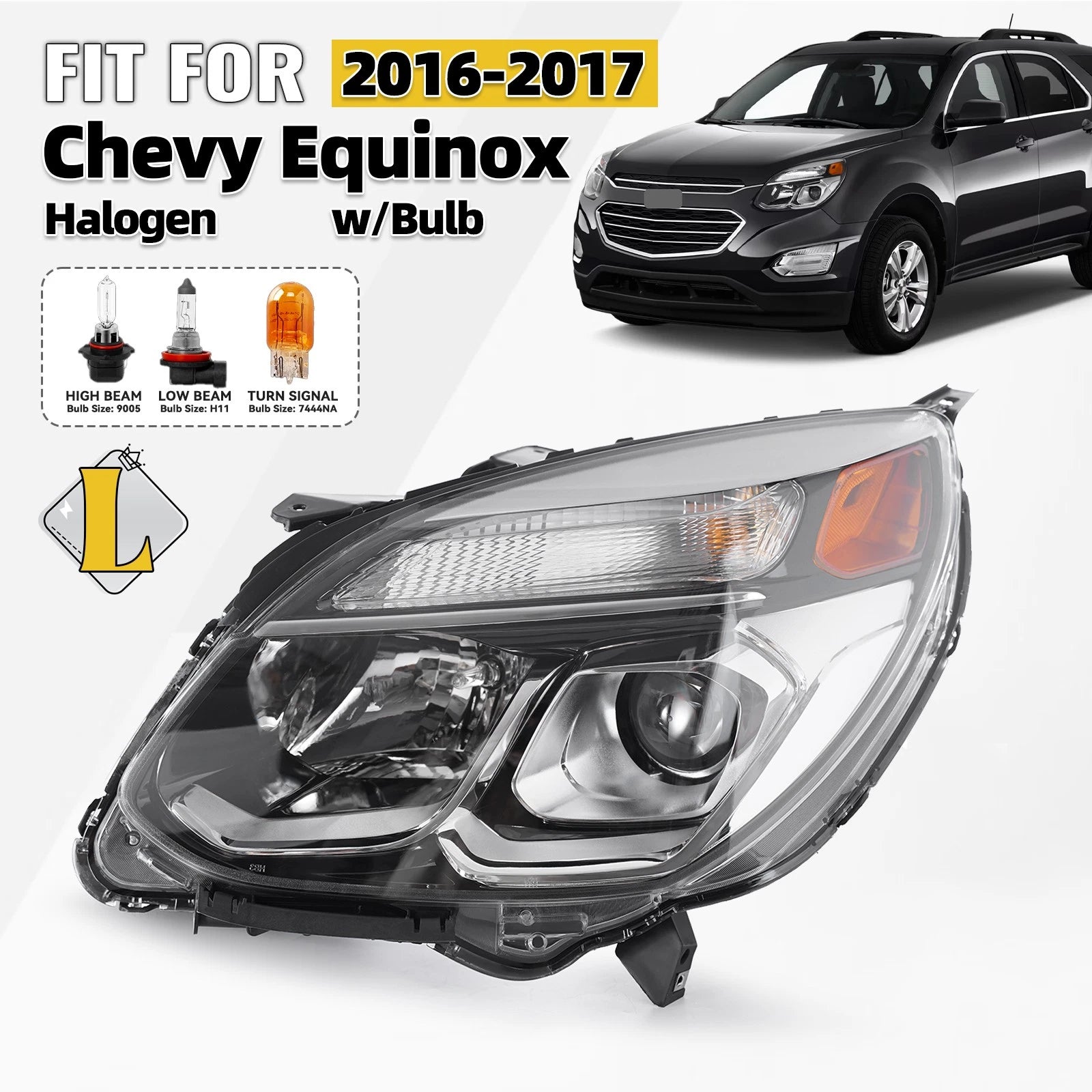 Halogen Headlight with Bulb Chrome Left Driver for Chevrolet Equinox (2016–2017)