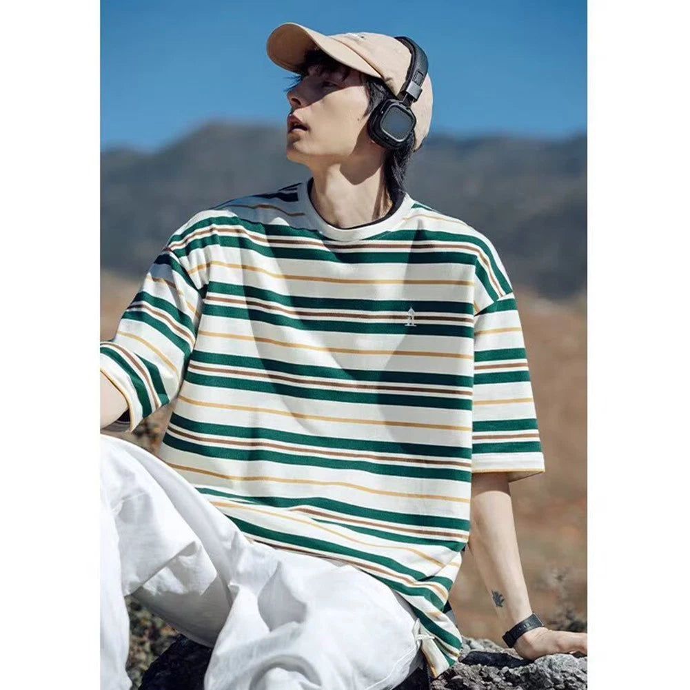 Set of 2 Men Striped Casual T Shirts Short Sleeve Streetwear