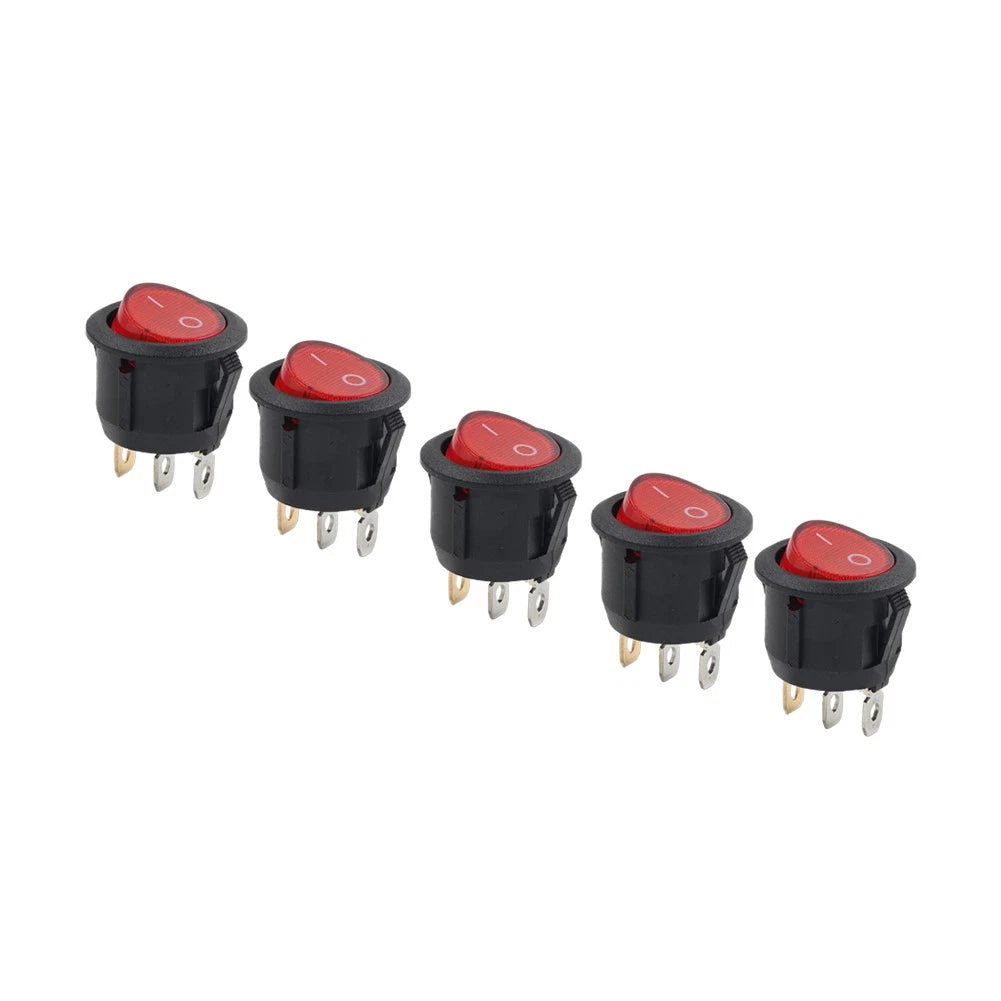Set of 5 Round Red Lamp 3 Pins Boat Rocker Switch AC 6A 250V/10A 125V
